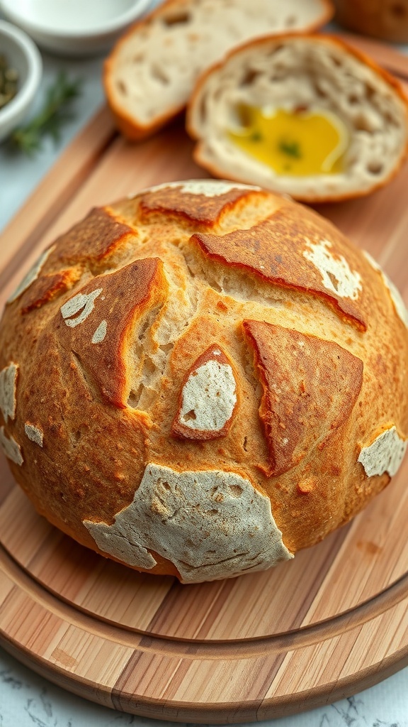 A round loaf of sourdough bread with a golden crust and airy interior, displayed on a cutting board.